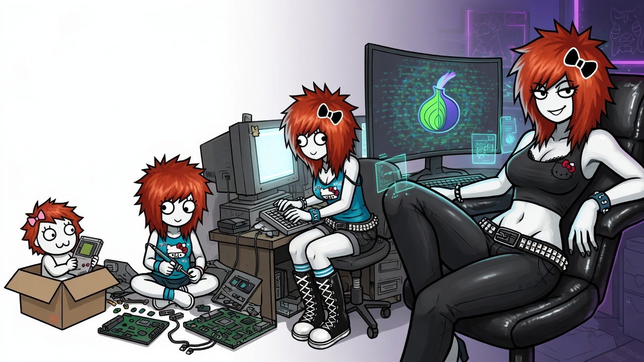 NIKKI — ilustración oficial de la mascota de THE CATSO CULT, cuatro versiones del mismo nodo en un entorno de observación digital